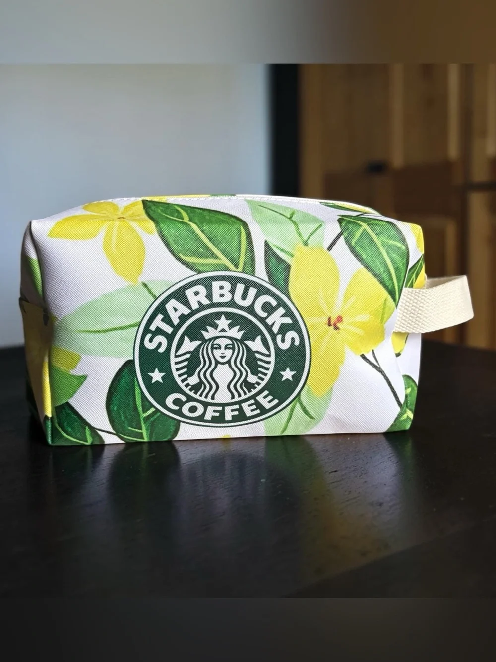 Starbucks Themed Green Floral Cosmetic Bag